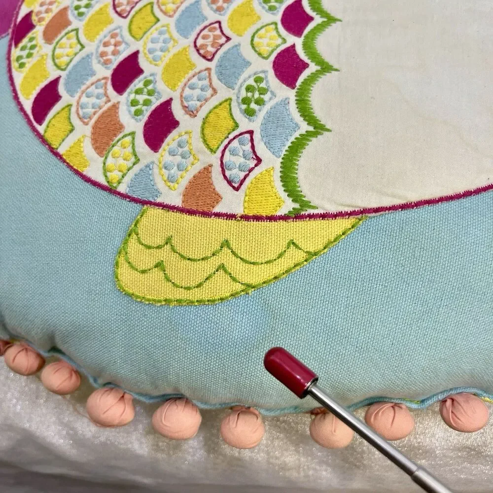 POTTERY BARN KIDS Decorative Throw Fish Pillow Round with Pom Pom Edge